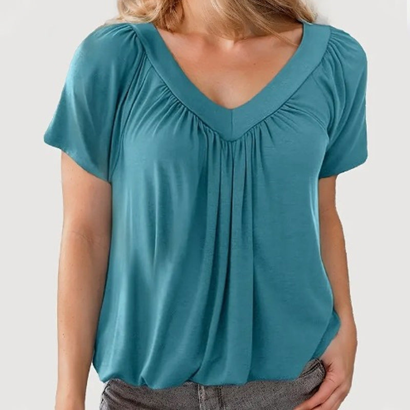 Kaufen Sie 2 gratis Versand🎁Lässiges Damen-Top mit plissiertem V-Ausschnitt und kurzen Ärmeln👚