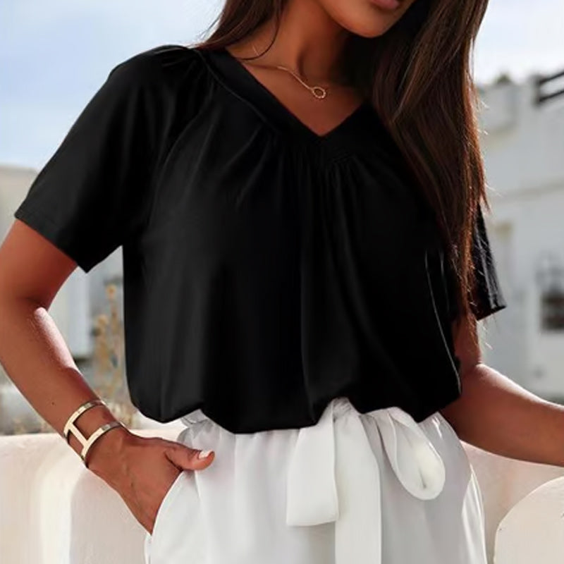 Kaufen Sie 2 gratis Versand🎁Lässiges Damen-Top mit plissiertem V-Ausschnitt und kurzen Ärmeln👚