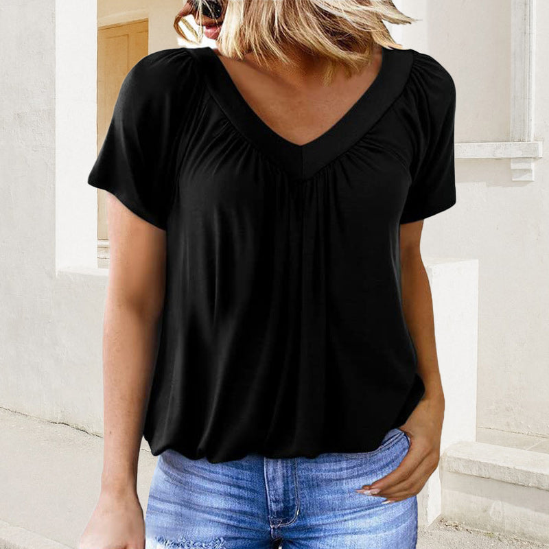 Kaufen Sie 2 gratis Versand🎁Lässiges Damen-Top mit plissiertem V-Ausschnitt und kurzen Ärmeln👚