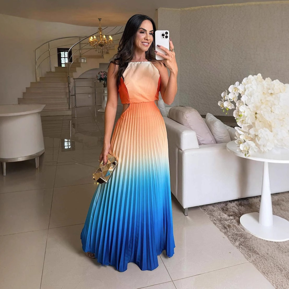 💕Neue Modelle in den Regalen, 24 Stunden vergünstigt🌊Damen Neckholder-Plissee-Kleid mit Farbverlauf