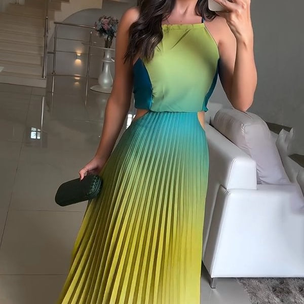 💕Neue Modelle in den Regalen, 24 Stunden vergünstigt🌊Damen Neckholder-Plissee-Kleid mit Farbverlauf