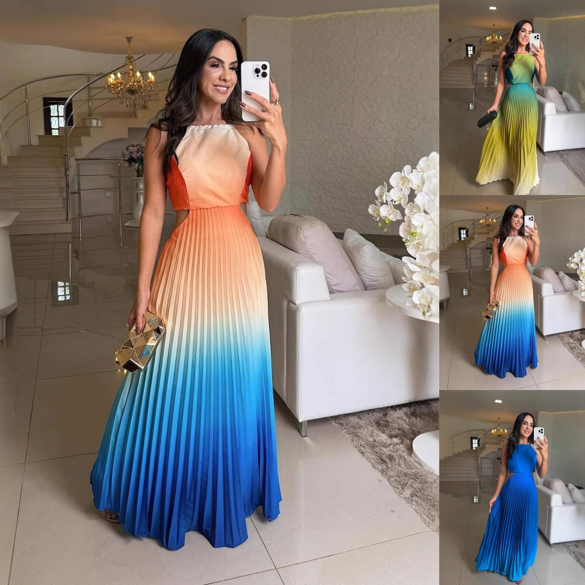 💕Neue Modelle in den Regalen, 24 Stunden vergünstigt🌊Damen Neckholder-Plissee-Kleid mit Farbverlauf