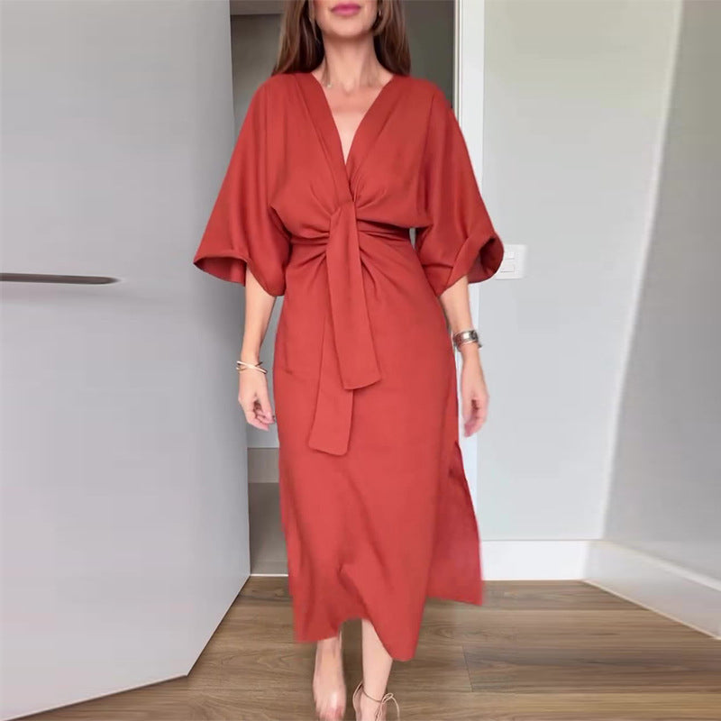 kostenloser Versand🌸50% Rabatt🔥Elegantes Damenkleid mit Taillenschnürung und seitlichem Schlitz und V-Ausschnitt