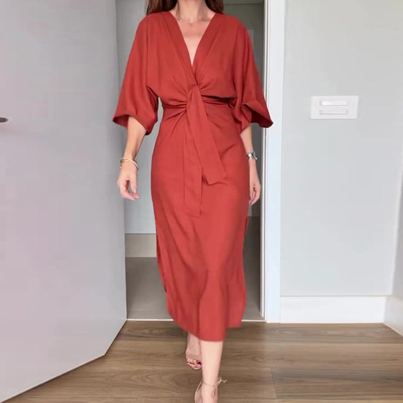 kostenloser Versand🌸50% Rabatt🔥Elegantes Damenkleid mit Taillenschnürung und seitlichem Schlitz und V-Ausschnitt