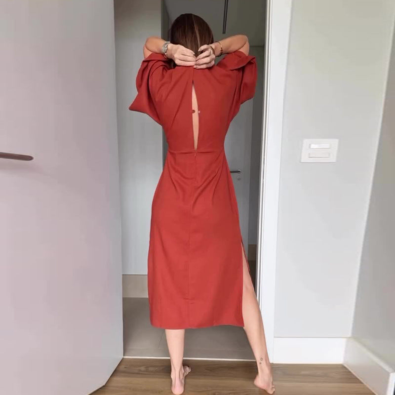 kostenloser Versand🌸50% Rabatt🔥Elegantes Damenkleid mit Taillenschnürung und seitlichem Schlitz und V-Ausschnitt