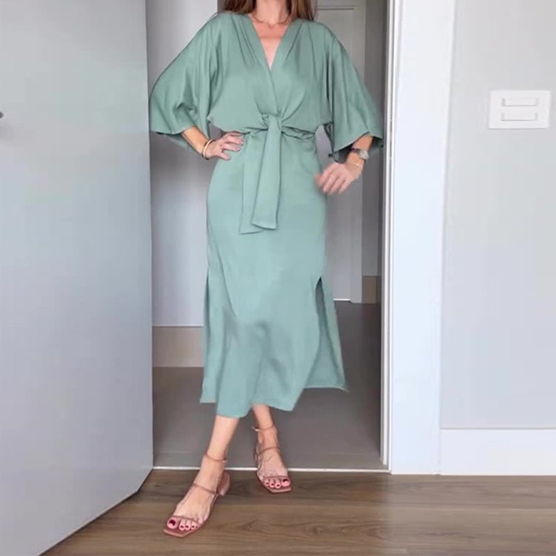 kostenloser Versand🌸50% Rabatt🔥Elegantes Damenkleid mit Taillenschnürung und seitlichem Schlitz und V-Ausschnitt