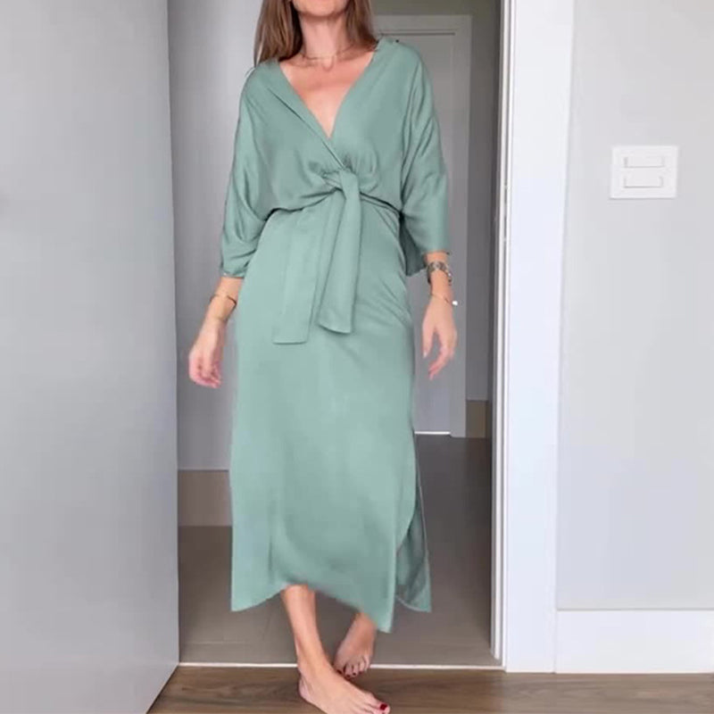 kostenloser Versand🌸50% Rabatt🔥Elegantes Damenkleid mit Taillenschnürung und seitlichem Schlitz und V-Ausschnitt