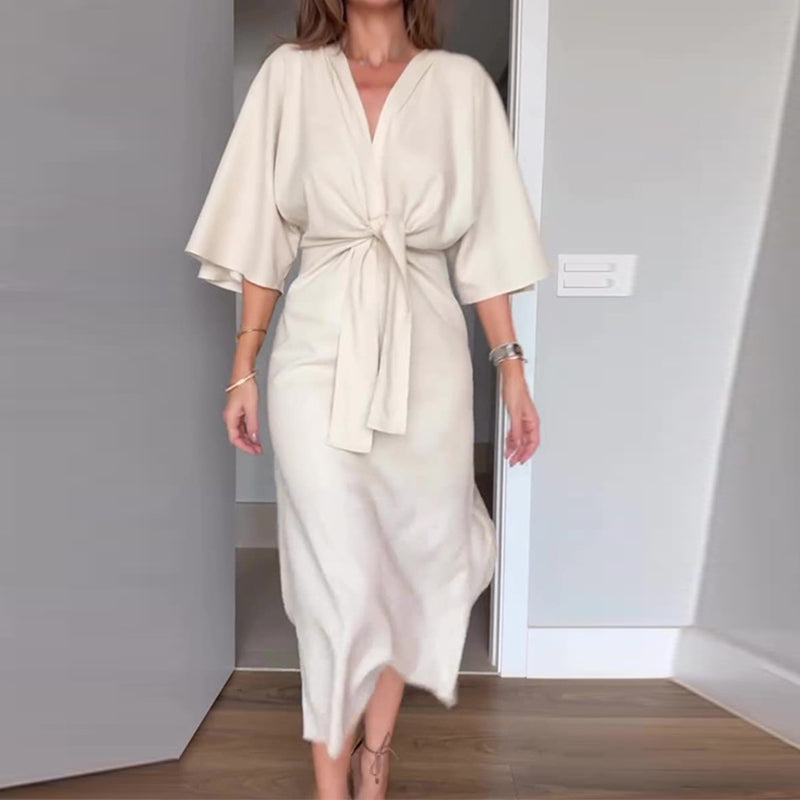 kostenloser Versand🌸50% Rabatt🔥Elegantes Damenkleid mit Taillenschnürung und seitlichem Schlitz und V-Ausschnitt