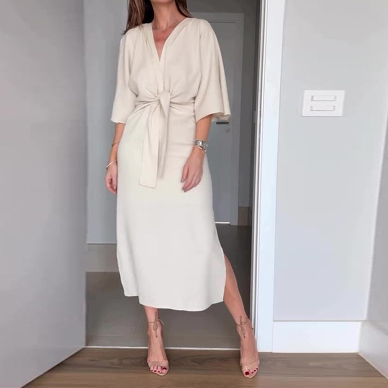 kostenloser Versand🌸50% Rabatt🔥Elegantes Damenkleid mit Taillenschnürung und seitlichem Schlitz und V-Ausschnitt