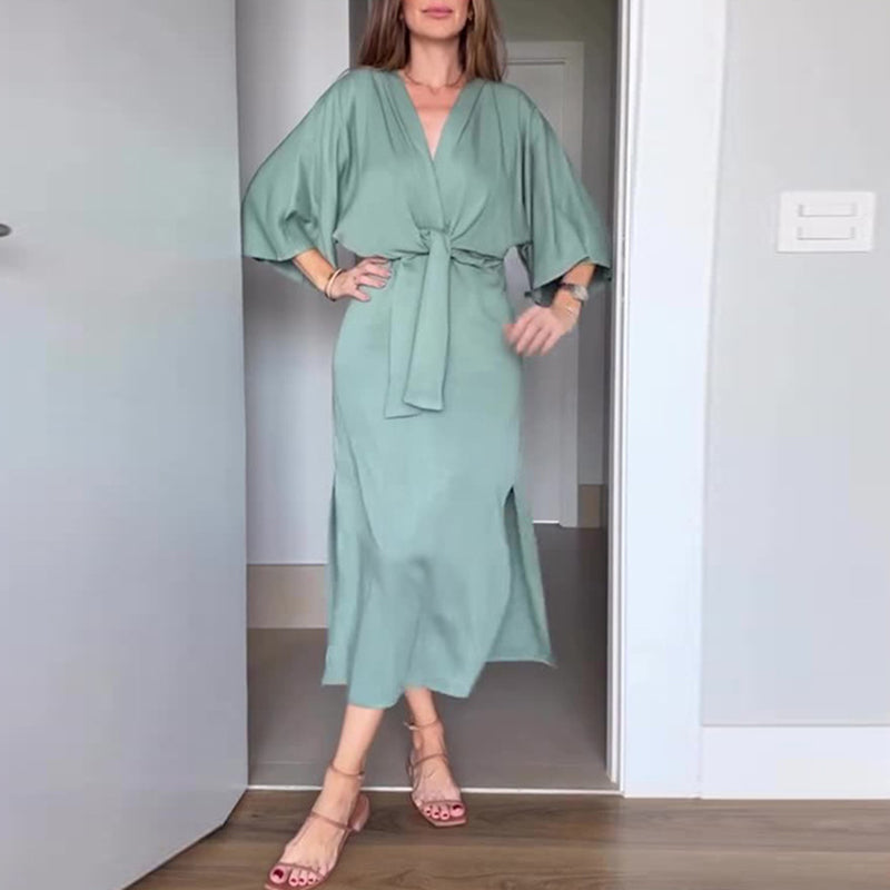 kostenloser Versand🌸50% Rabatt🔥Elegantes Damenkleid mit Taillenschnürung und seitlichem Schlitz und V-Ausschnitt