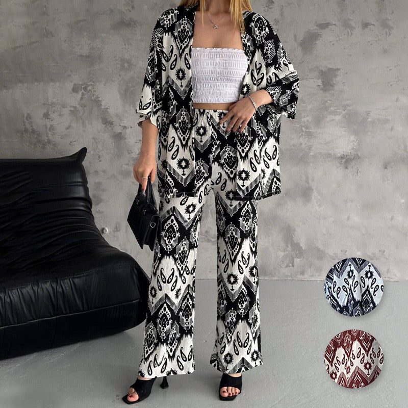 kostenloser Versand！！！🌸Zweiteiliges Set aus bedruckter Strickjacke mit halblangen Ärmeln und trendiger Hose mit weitem Bein