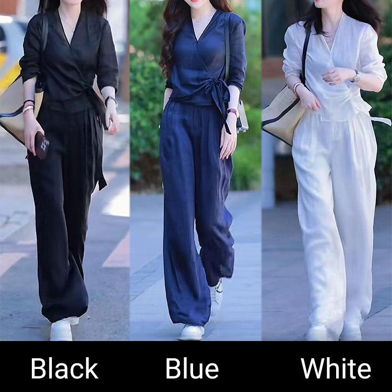 🔥🍀Damen-Set aus Wickelbluse mit V-Ausschnitt und Hose mit weitem Bein