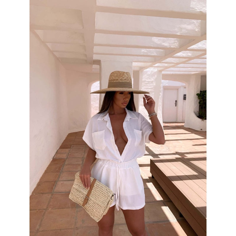☀️Zweiteiliges Set aus Oberteil mit V-Ausschnitt und Shorts