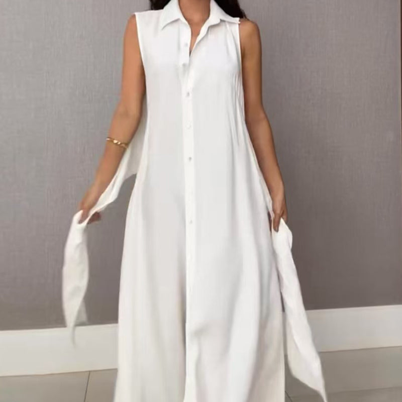 💖💖💖Ärmelloses Damenhemd-Maxikleid mit Taillenkrawatte