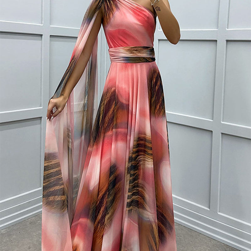Zeitlich begrenztes Angebot⏳💥⏳!Schrägschulter bedrucktes fließendes Chiffonkleid (formeller Anlass)