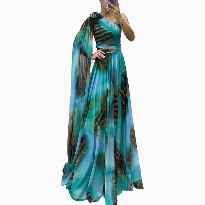 Zeitlich begrenztes Angebot⏳💥⏳!Schrägschulter bedrucktes fließendes Chiffonkleid (formeller Anlass)
