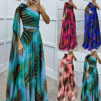 Zeitlich begrenztes Angebot⏳💥⏳!Schrägschulter bedrucktes fließendes Chiffonkleid (formeller Anlass)