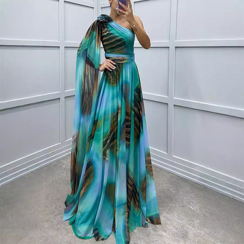 Zeitlich begrenztes Angebot⏳💥⏳!Schrägschulter bedrucktes fließendes Chiffonkleid (formeller Anlass)