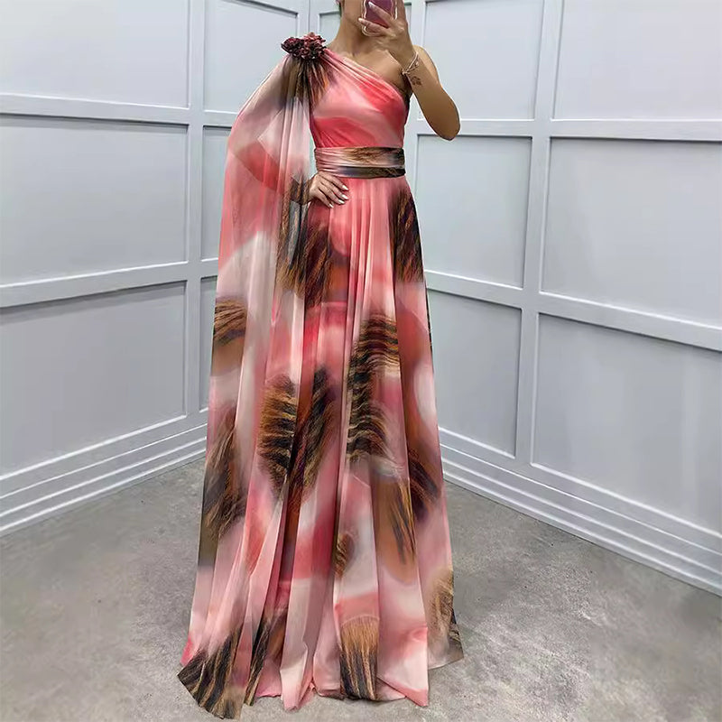 Zeitlich begrenztes Angebot⏳💥⏳!Schrägschulter bedrucktes fließendes Chiffonkleid (formeller Anlass)