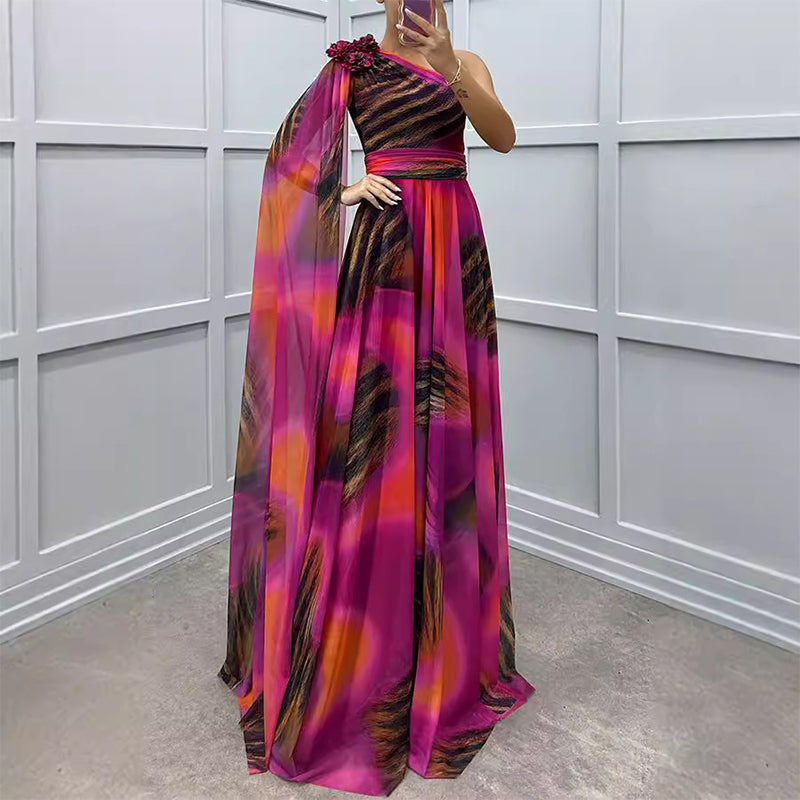 Zeitlich begrenztes Angebot⏳💥⏳!Schrägschulter bedrucktes fließendes Chiffonkleid (formeller Anlass)