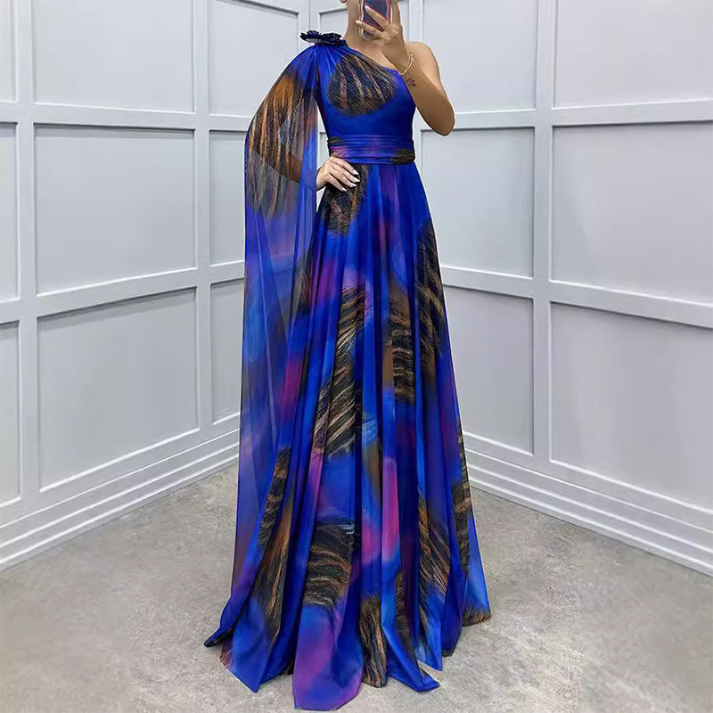 Zeitlich begrenztes Angebot⏳💥⏳!Schrägschulter bedrucktes fließendes Chiffonkleid (formeller Anlass)
