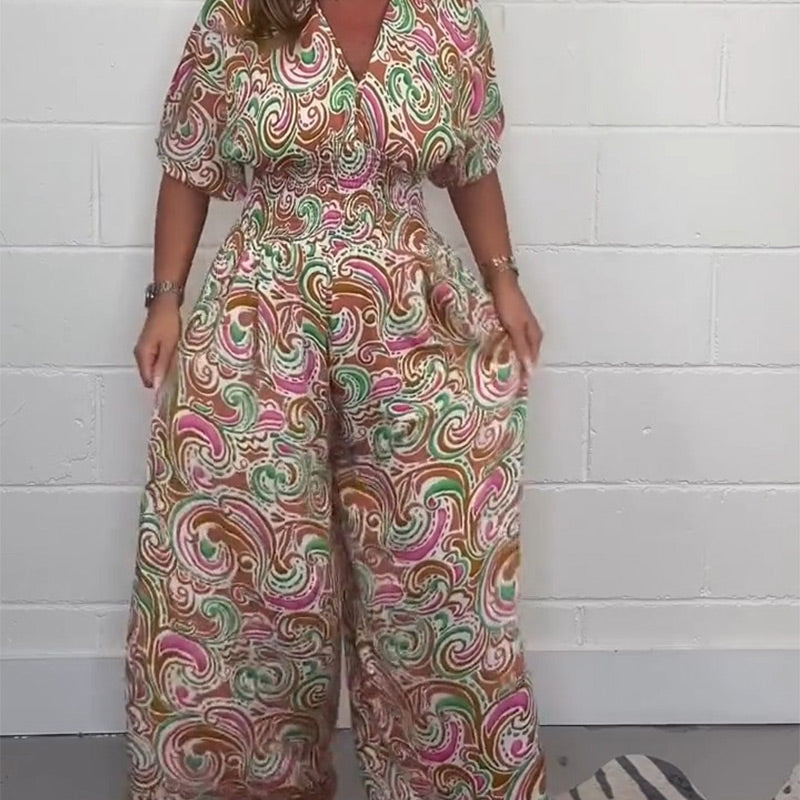 🌸Sommerangebote🌸Kurzarm-Jumpsuit für Damen mit V-Ausschnitt und Blumenprint