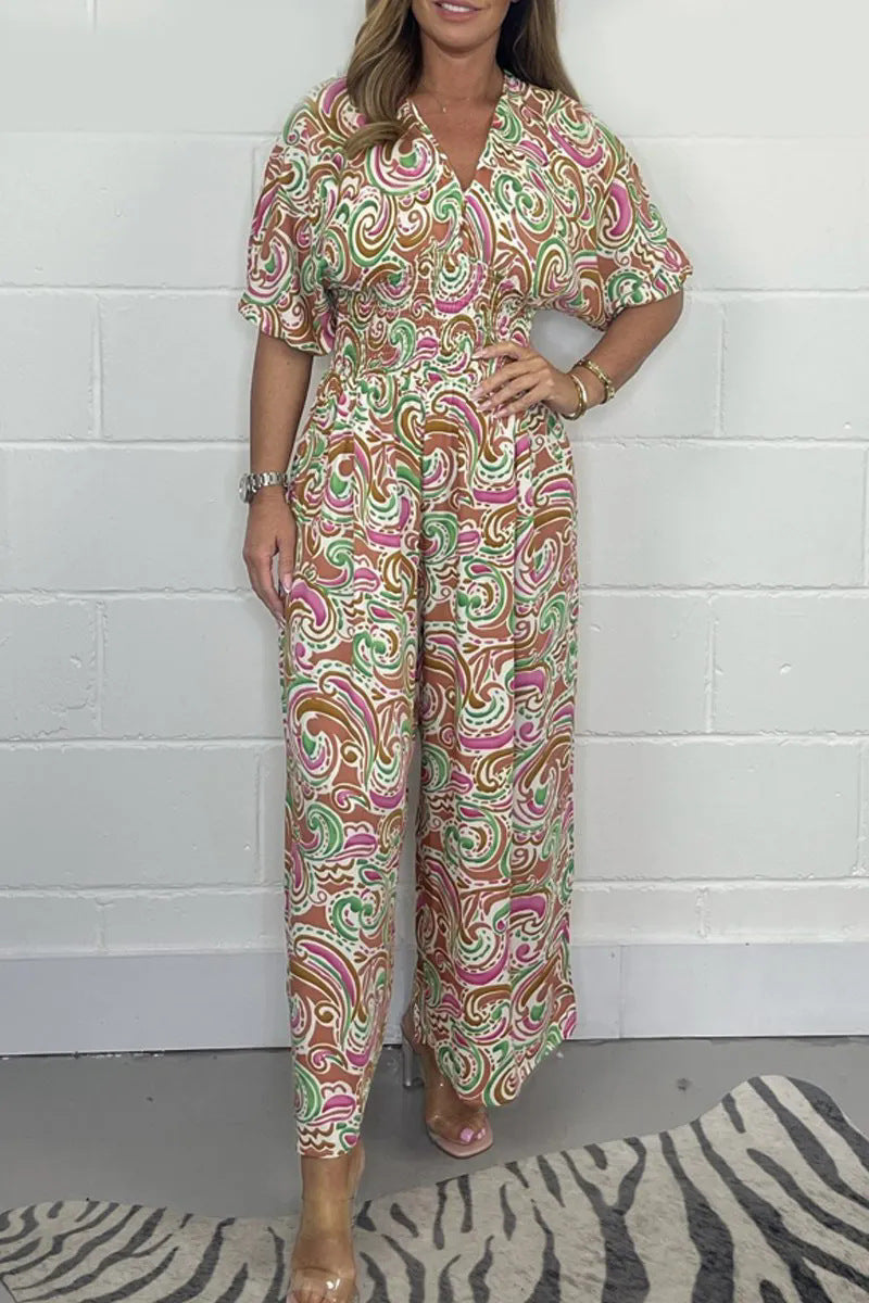 🌸Sommerangebote🌸Kurzarm-Jumpsuit für Damen mit V-Ausschnitt und Blumenprint