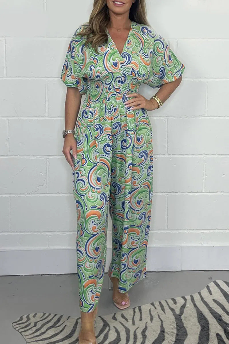 🌸Sommerangebote🌸Kurzarm-Jumpsuit für Damen mit V-Ausschnitt und Blumenprint