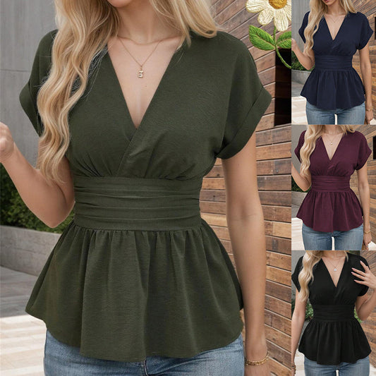 🔥2025 Neu eingetroffen - 50% OFF🌺Damen T-Shirt mit V-Ausschnitt, Taillenformung, einfarbig, tiefem Ärmelrock und Plissee