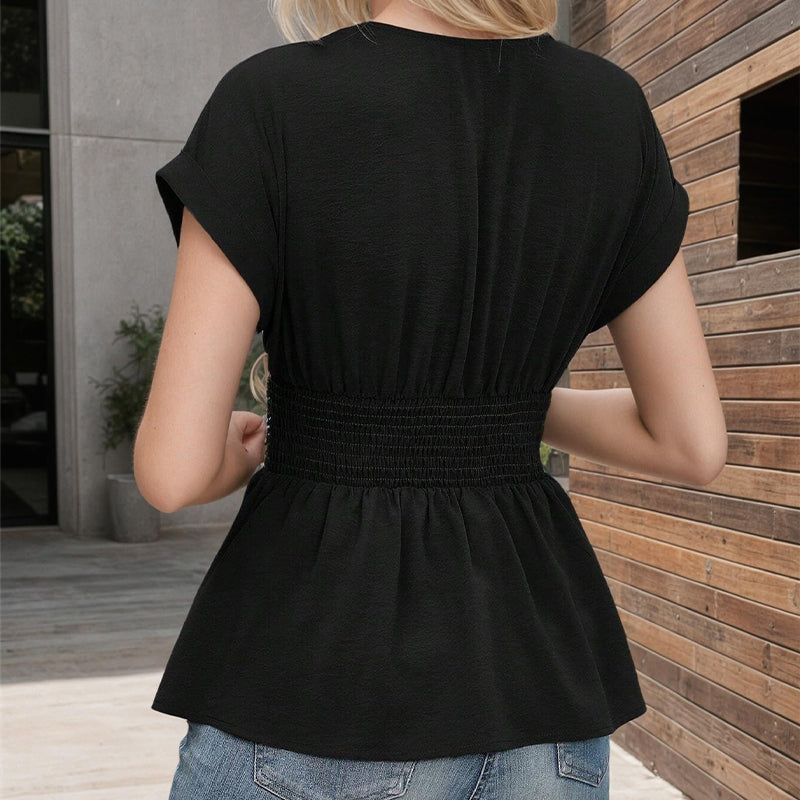 🔥2025 Neu eingetroffen - 50% OFF🌺Damen T-Shirt mit V-Ausschnitt, Taillenformung, einfarbig, tiefem Ärmelrock und Plissee