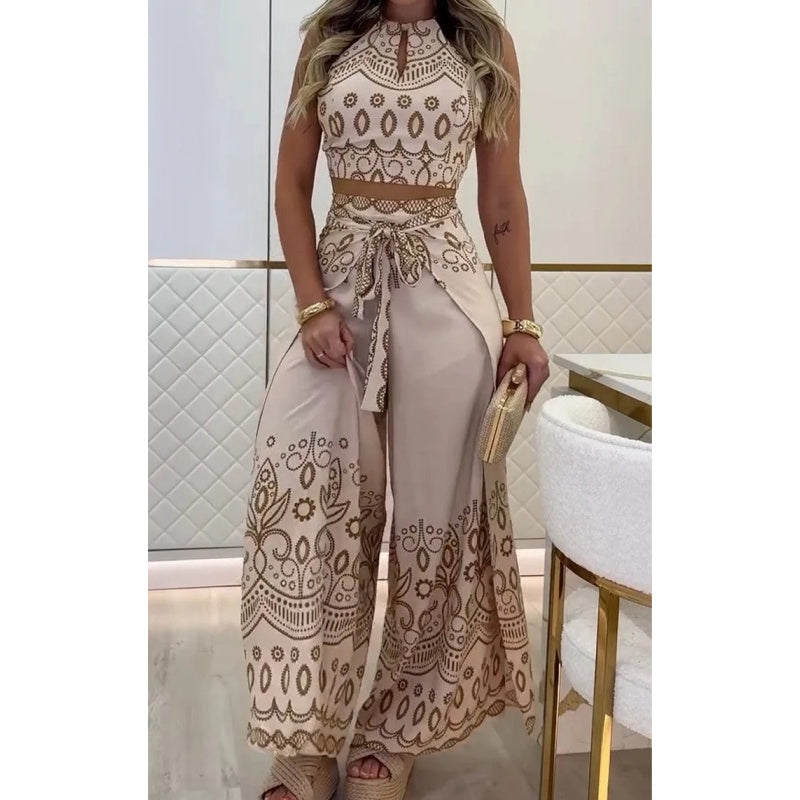 🌺2025 Neu eingetroffen - 50% OFF🌺Damen-Set mit Retro-Muster und ethnischem Neckholder-Oberteil mit ärmellosem Bein und Hose mit weitem Bein