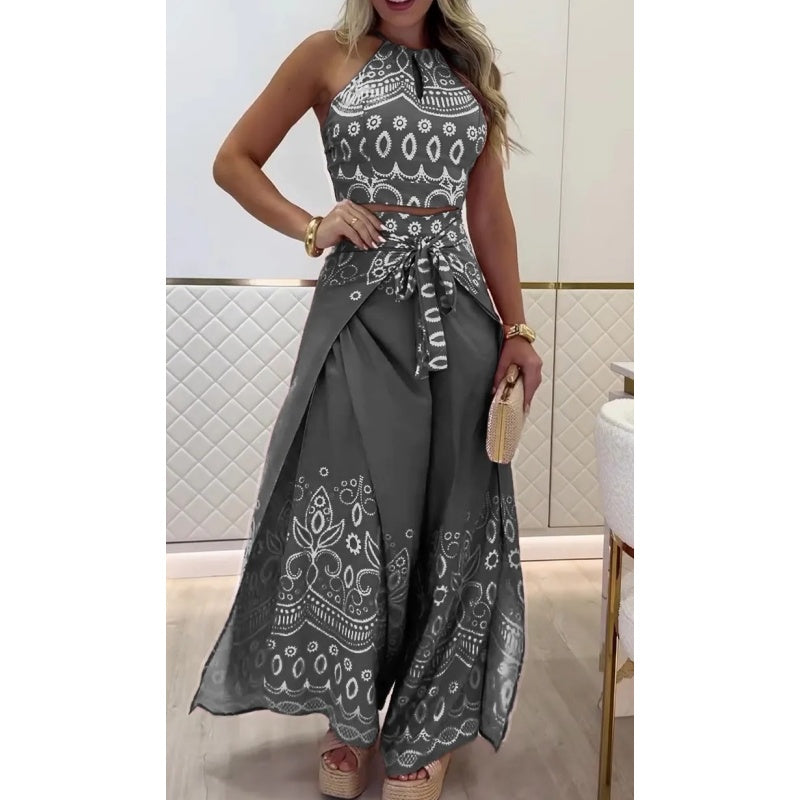 🌺2025 Neu eingetroffen - 50% OFF🌺Damen-Set mit Retro-Muster und ethnischem Neckholder-Oberteil mit ärmellosem Bein und Hose mit weitem Bein