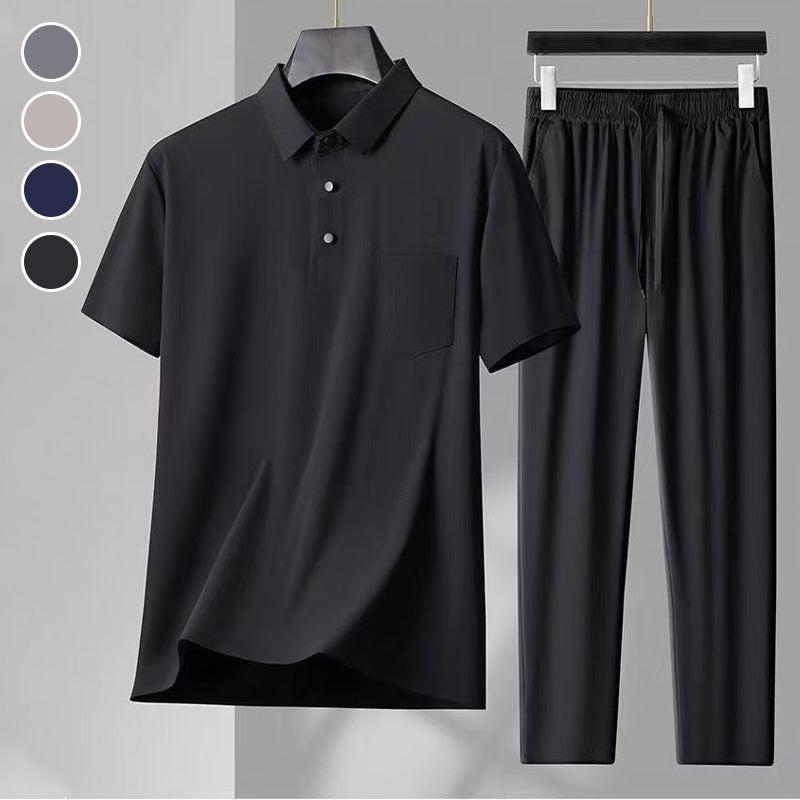 Herren elastisches 2-teiliges Set aus Eisseide: Kurzarm-Hemd und lange Hose