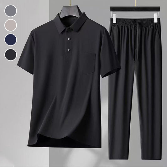 Herren elastisches 2-teiliges Set aus Eisseide: Kurzarm-Hemd und lange Hose