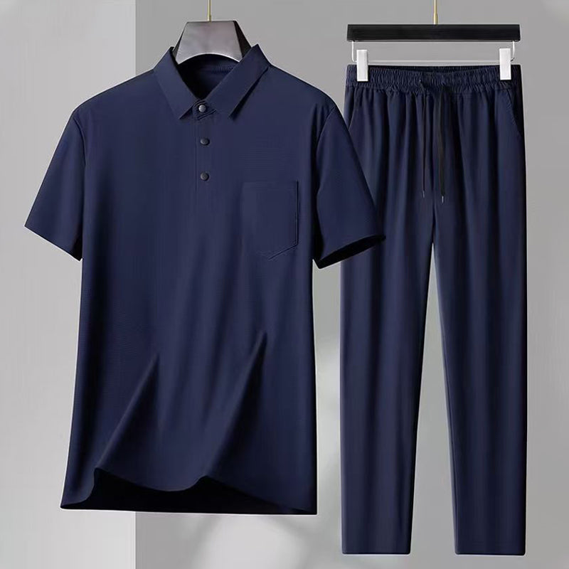 Herren elastisches 2-teiliges Set aus Eisseide: Kurzarm-Hemd und lange Hose