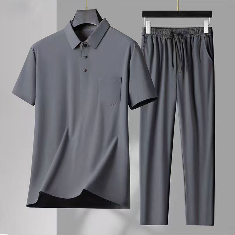 Herren elastisches 2-teiliges Set aus Eisseide: Kurzarm-Hemd und lange Hose