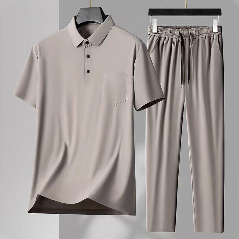 Herren elastisches 2-teiliges Set aus Eisseide: Kurzarm-Hemd und lange Hose