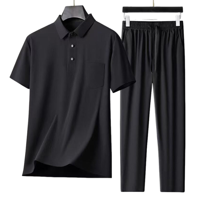 Herren elastisches 2-teiliges Set aus Eisseide: Kurzarm-Hemd und lange Hose
