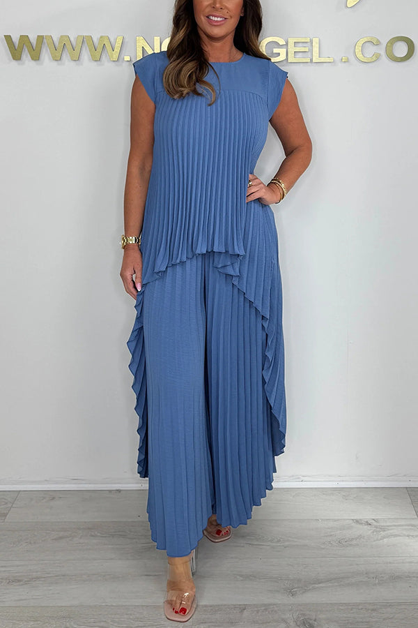 ✨Schneller Verkauf 50 % Rabatt🌸Laney Set aus plissiertem, kurzärmligem, unregelmäßigem Midi-Top und Hose mit weitem Bein und elastischer Taille