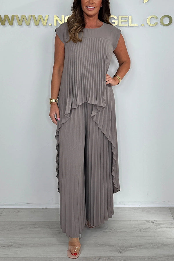✨Schneller Verkauf 50 % Rabatt🌸Laney Set aus plissiertem, kurzärmligem, unregelmäßigem Midi-Top und Hose mit weitem Bein und elastischer Taille