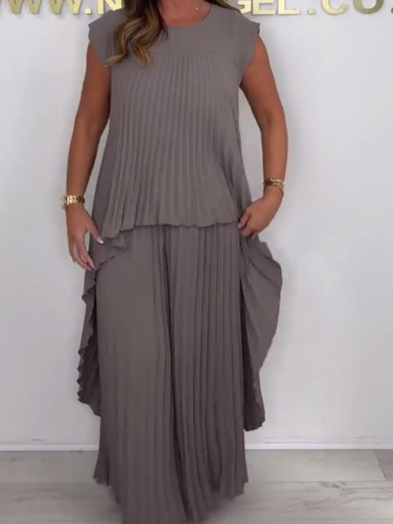 ✨Schneller Verkauf 50 % Rabatt🌸Laney Set aus plissiertem, kurzärmligem, unregelmäßigem Midi-Top und Hose mit weitem Bein und elastischer Taille