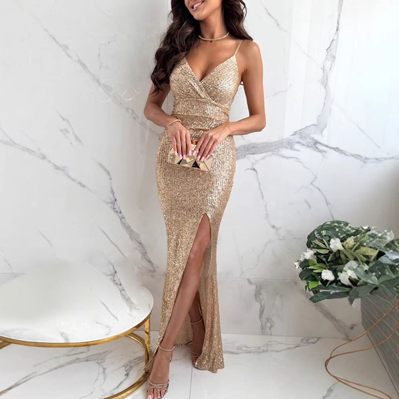 🔥2025 Neu eingetroffen - 50% OFF🌺Partykleid mit Pailletten, V-Ausschnitt und Schlitz für Damen