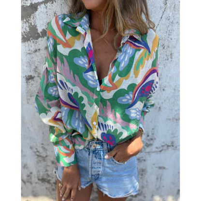 💕 Damen Bluse mit lebendigem Blumenmuster, Langarm und Hemdkragen💕