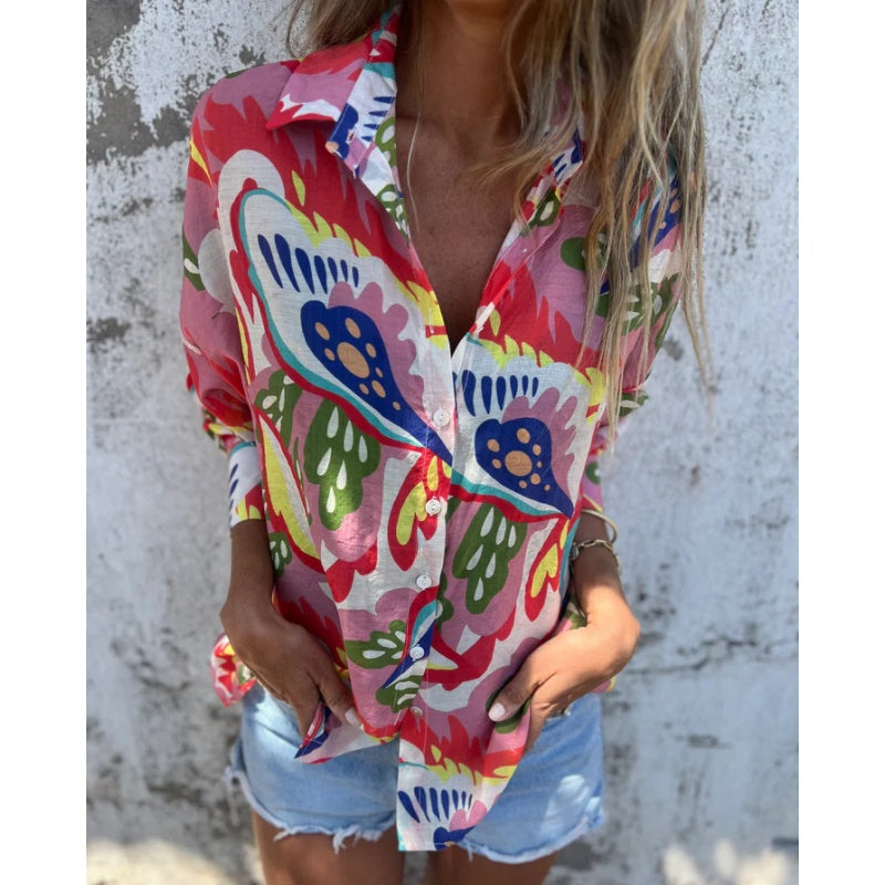 💕 Damen Bluse mit lebendigem Blumenmuster, Langarm und Hemdkragen💕