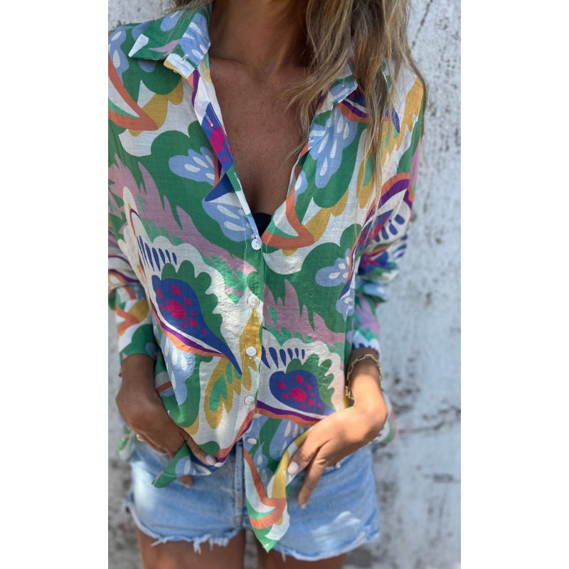 💕 Damen Bluse mit lebendigem Blumenmuster, Langarm und Hemdkragen💕