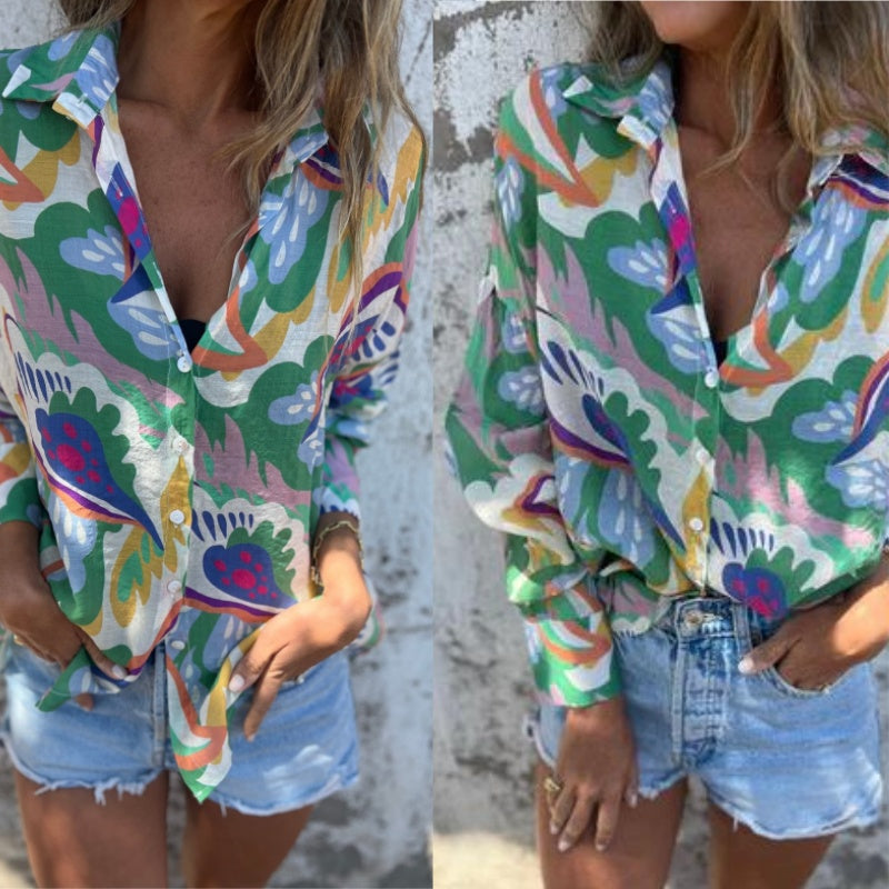 💕 Damen Bluse mit lebendigem Blumenmuster, Langarm und Hemdkragen💕