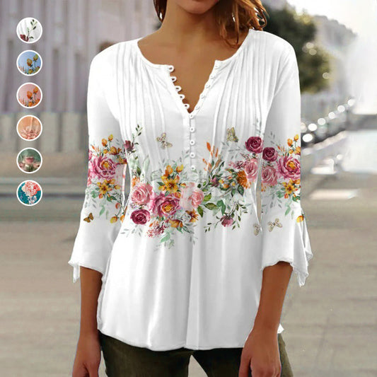 🌸💐2025 Mode neue Blumen gedruckt V-Ausschnitt plissiert Knopf T-Shirt unten Shirt