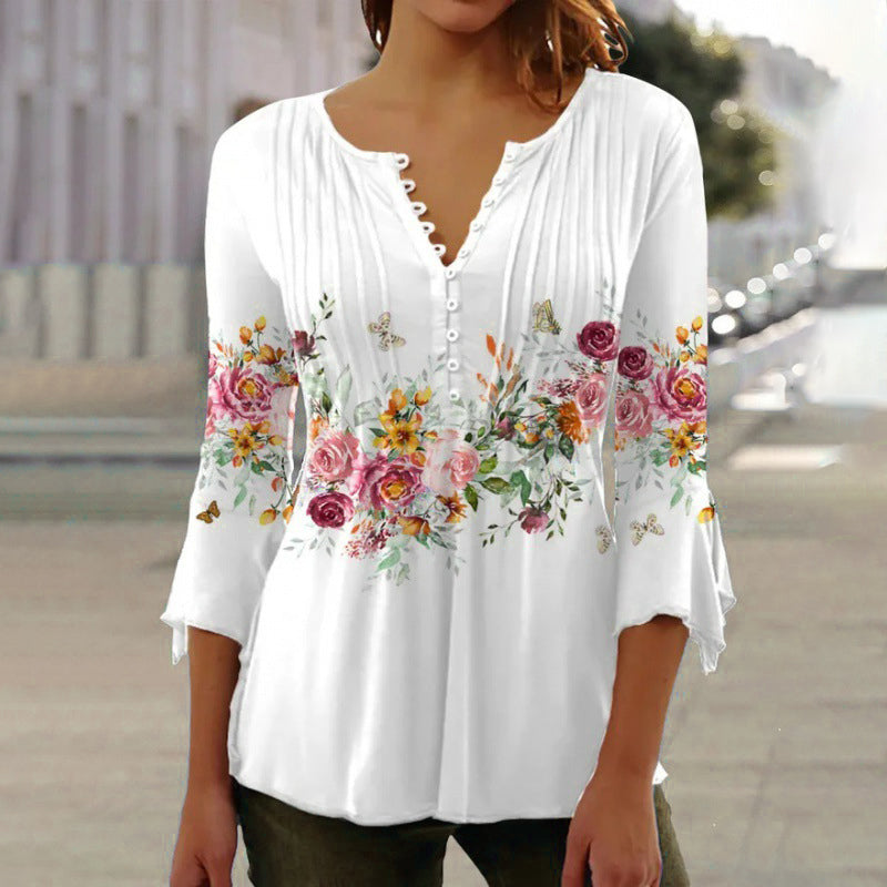 🌸💐2025 Mode neue Blumen gedruckt V-Ausschnitt plissiert Knopf T-Shirt unten Shirt