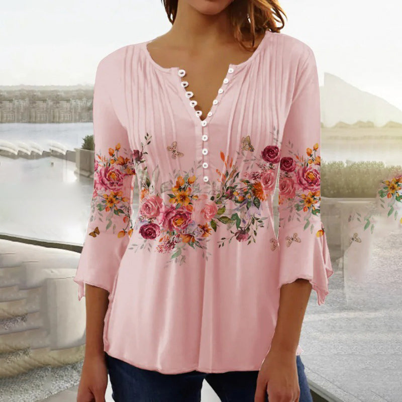 🌸💐2025 Mode neue Blumen gedruckt V-Ausschnitt plissiert Knopf T-Shirt unten Shirt