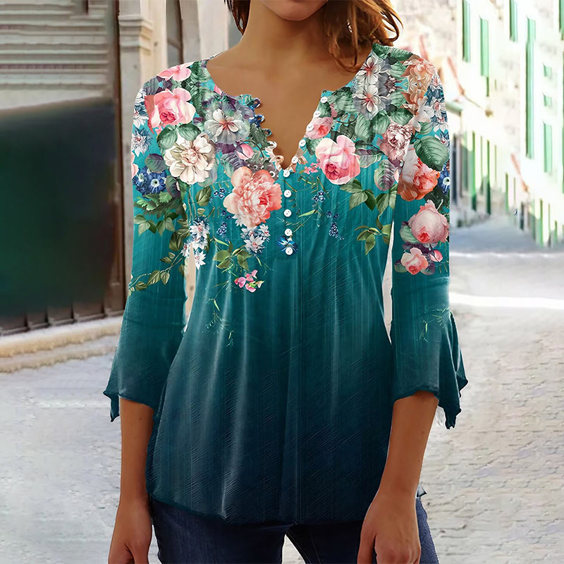 🌸💐2025 Mode neue Blumen gedruckt V-Ausschnitt plissiert Knopf T-Shirt unten Shirt